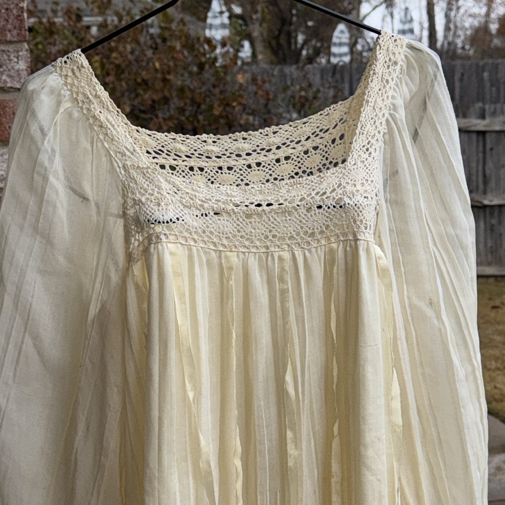 Cream Gauze Boho Dress Grosgrain sz 34 14 1/2 Cotton Blend USA made